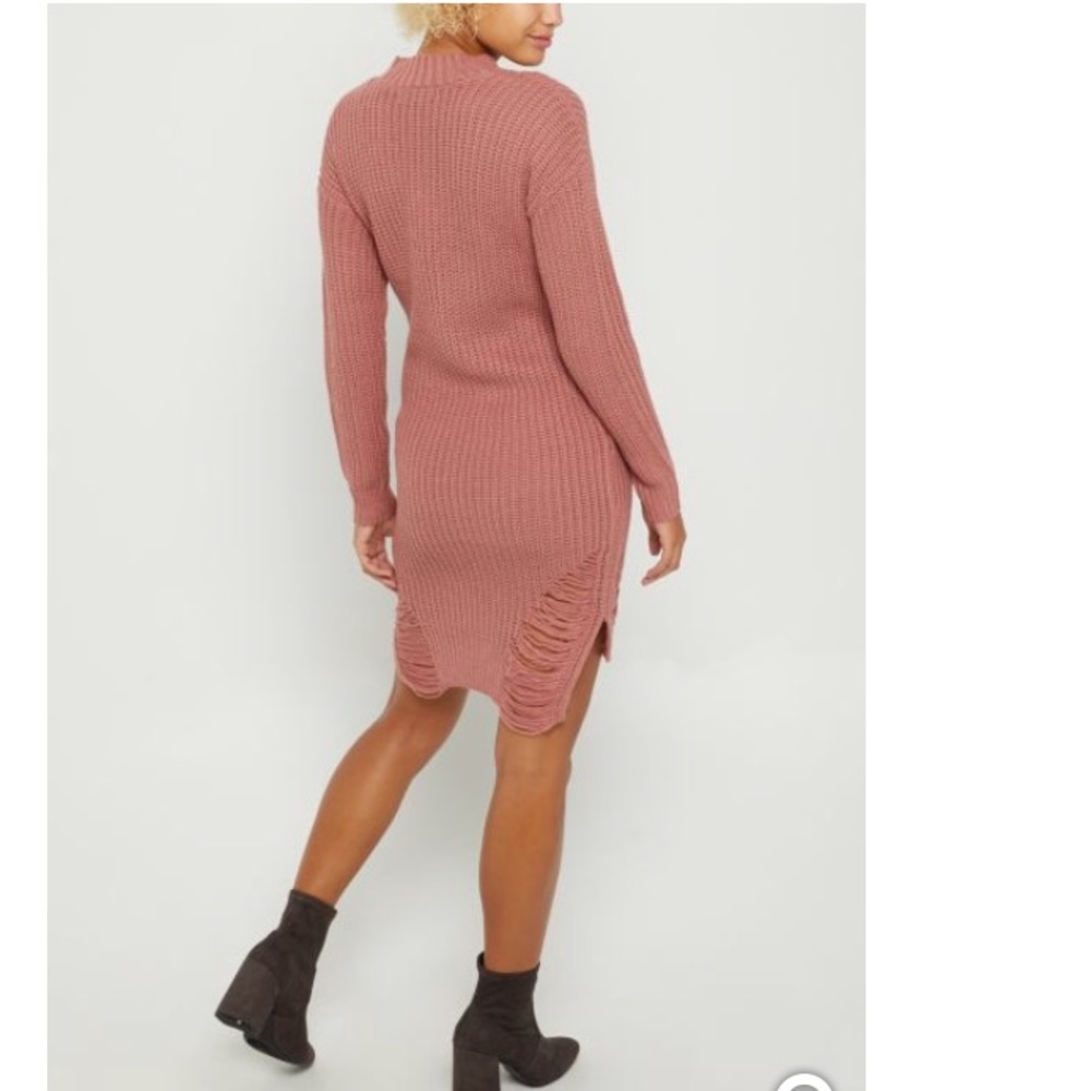 Pink distressed keyhole sweater dress